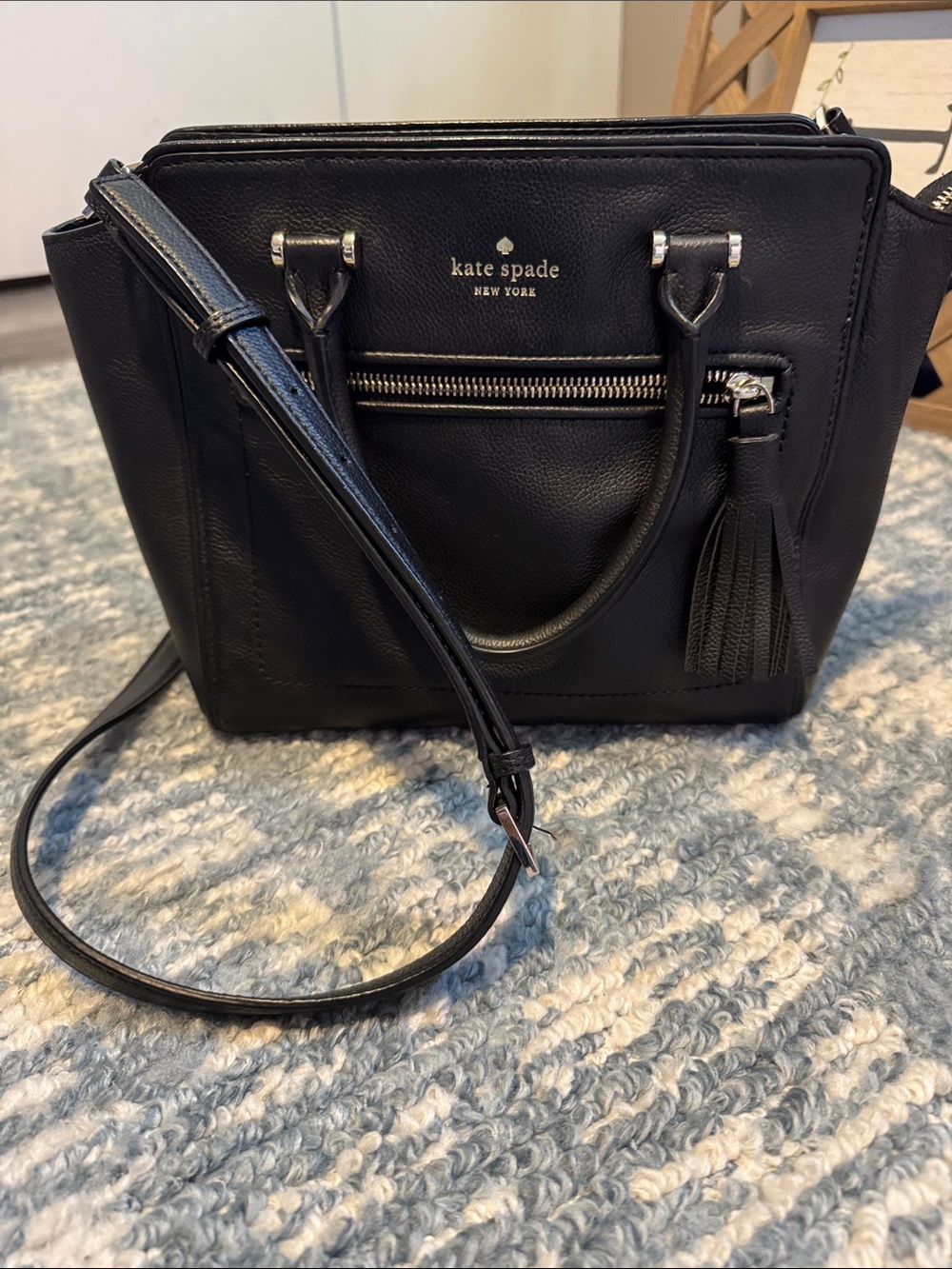 kate spade Black Pebbled Leather Satchel with Tassel Zip